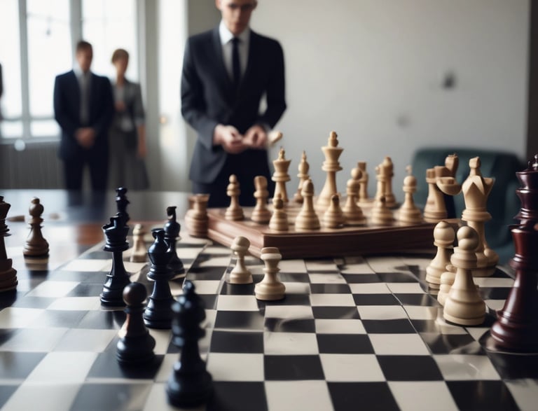 A focused professional in a modern office, collaborating with a leadership team around a strategy whiteboard.