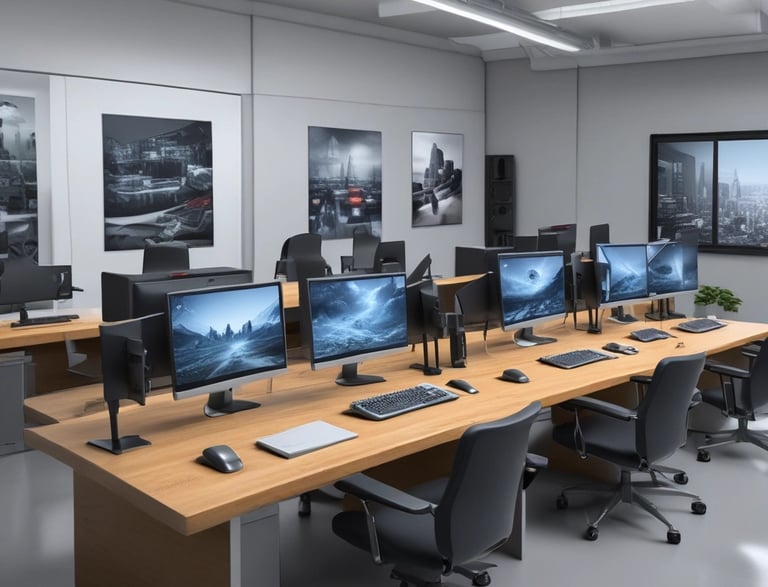 A room with a tiled ceiling and fluorescent lighting contains various electronic and office equipment. On the left, there's a wooden desk with a black server cabinet next to it. In the center of the room, a rack of network cables is visible, organized into a larger unit. To the right, a filing cabinet is mounted on the wall, with a printer/copier machine near the foreground. The walls are plain and the floor is covered in white tiles.