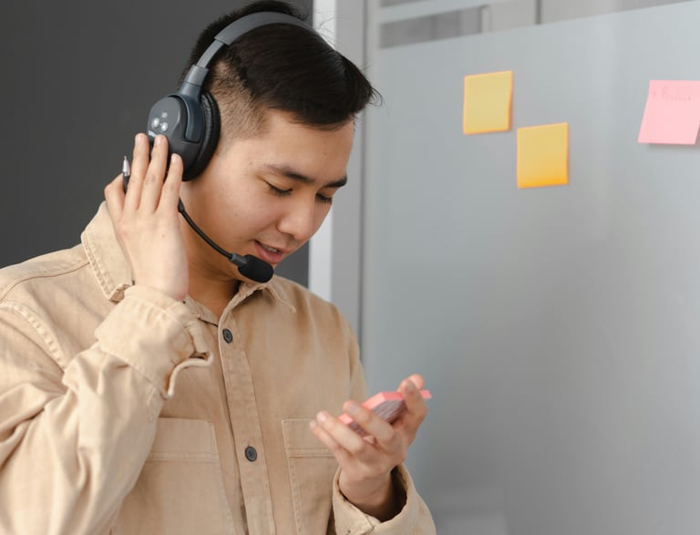 A young man holding a paper in his hand a has headphone on his head.