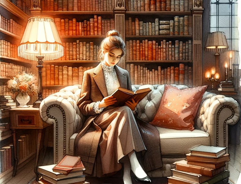 a woman sitting on a couch reading a book