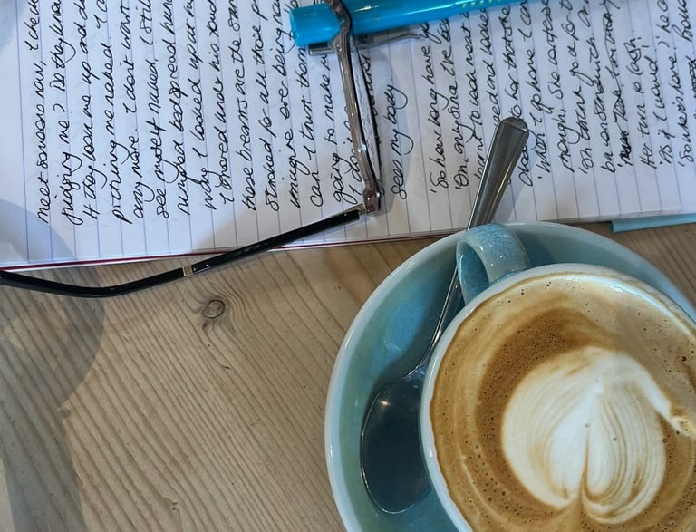 handwritten text and coffee cup