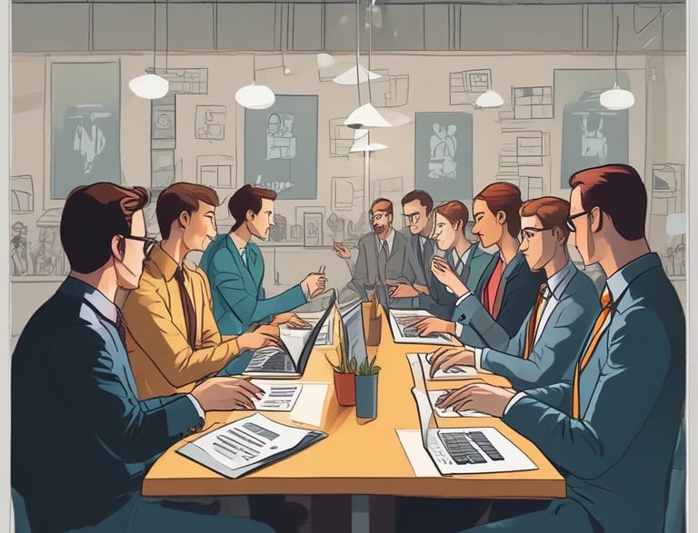 A professional team discussing strategies around a conference table.