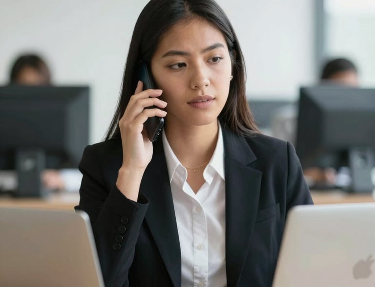 A friendly professional answering a phone call in a bright office.