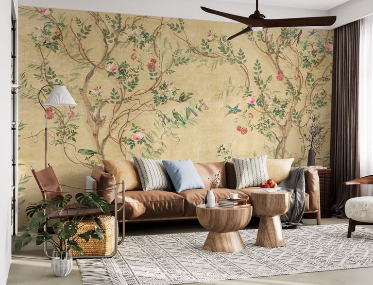 Floral wallpaper in a living room with a couch and a ceiling fan