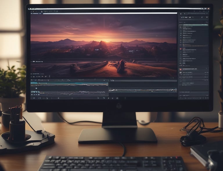 A person is using a laptop at a wooden table near a window. The screen displays an image editing software showing a photo of a smiling man with cameras and the text 'CONTENT IS CHAOS'. The view outside the window is slightly blurred, with a few people walking by.