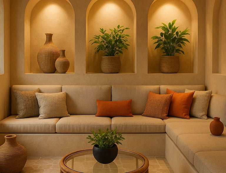 a lounge room with a couch and a table for a spa institute