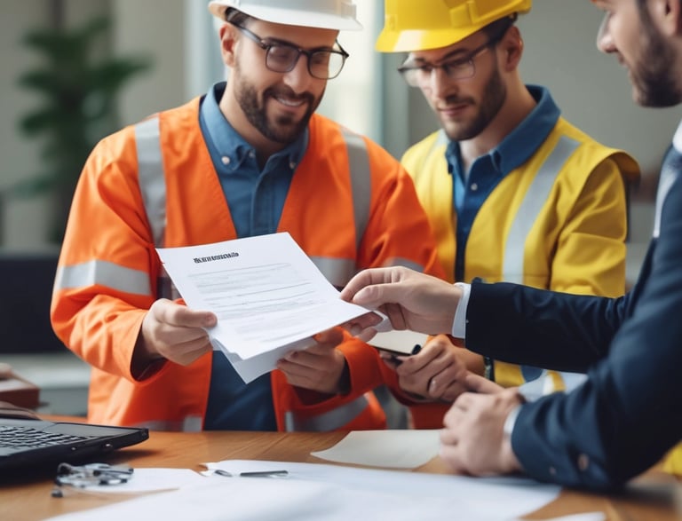 A worker in an orange safety vest and hard hat walks along a platform inside an industrial or rail setting. The area is dimly lit with artificial lights. Tracks run parallel to the platform, and in the background, other workers can be seen attending to their tasks.