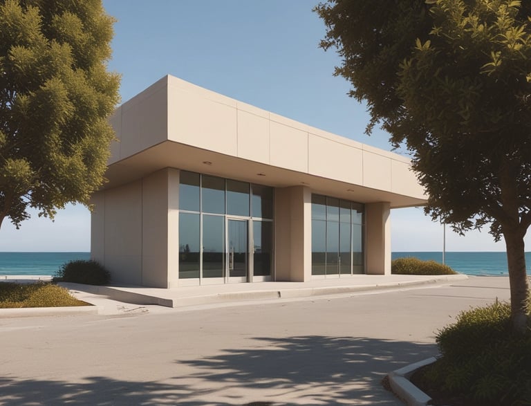 A car rental facility with noticeable signage in red and white is in view. The entrance shows a red vending machine and two trash bins nearby. The surroundings include buildings with visible architectural elements, and the area has some stairs leading up to the rental space.