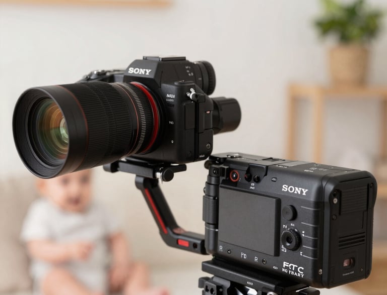 A cozy studio setup with camera gear and birthday decorations around.