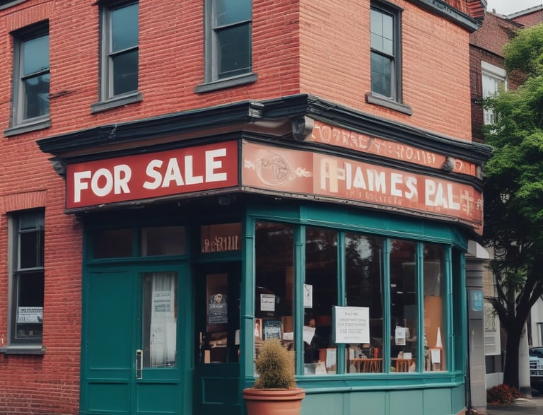 A cityscape with a real estate sign in the foreground, prominently displaying the name and phone number. Surrounding the sign are various buildings with different architectural styles, some with scaffolding and green netting. The scene features a mix of older, worn structures alongside modern glass-fronted buildings. Power lines and construction materials add to the urban complexity.
