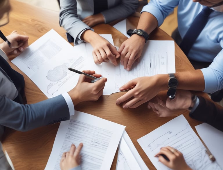 A welcoming office space with a friendly team discussing home plans.