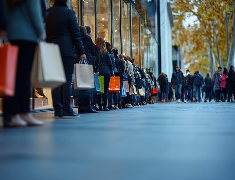 a long line of people walking down a street
