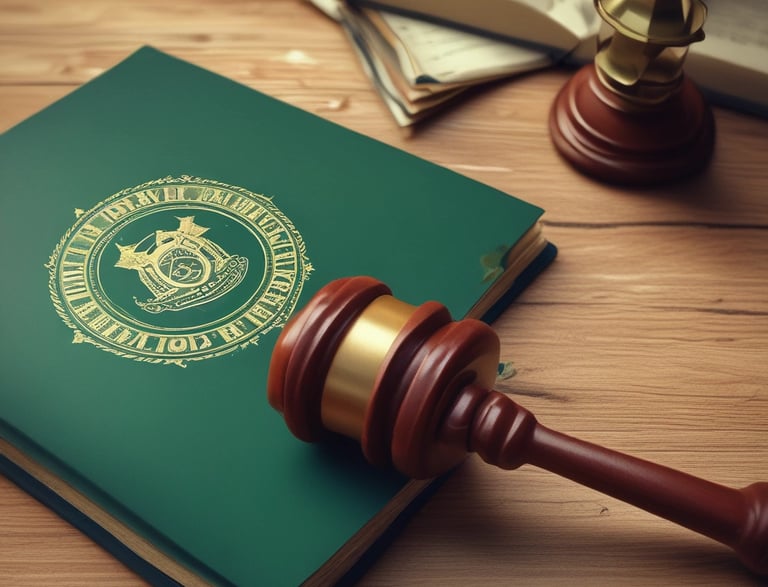 A person is holding a book with an ornate cover featuring a gavel and scales of justice. The book has Arabic text and is resting on a person's lap, who is wearing a light blue shirt and a watch with a black strap. It appears to be in a vehicle, indicated by the seat and window nearby.