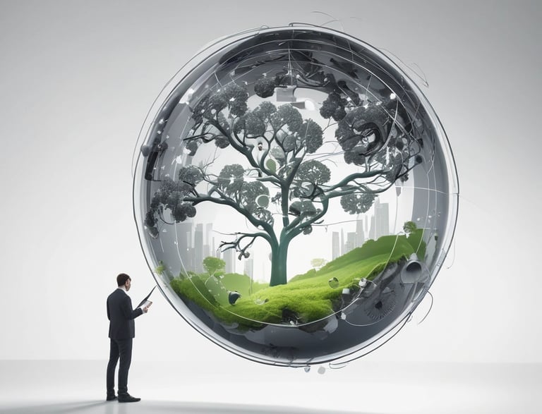 An aerial view showing vast stretches of green fields interspersed with a grid of blue solar panels. A small body of water is visible near the center of the fields. Part of an airplane's wing and engine are visible in the foreground, indicating the image is taken from an airplane.