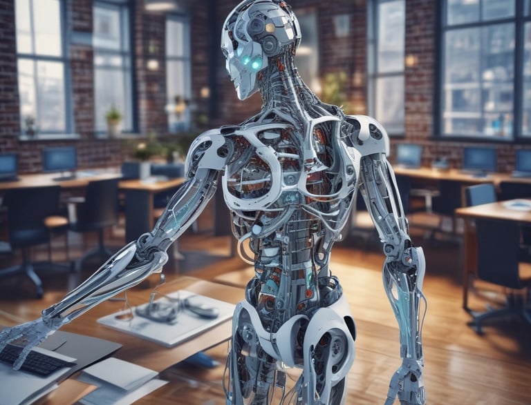 A smartphone is mounted on a stand, displaying a website with colorful graphics and the text 'Transforming Ideas into Reality'. Beside it, a laptop screen shows a blurred version of the same website. The background is soft and out of focus, with green foliage adding a hint of nature.