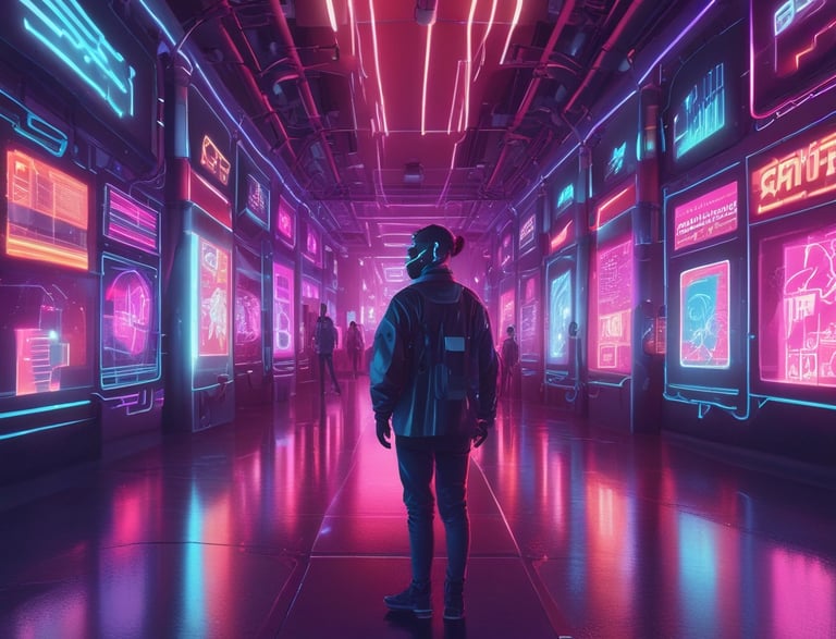 a man in a suit and hat standing in a room with neon lights