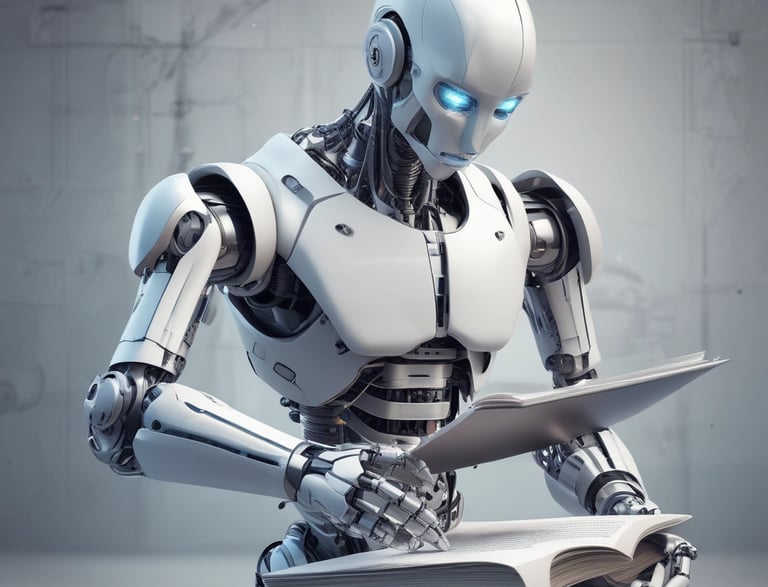 Four small, white robot figures are sitting in a row, each with a laptop in front of them. They have round bodies and blue accents, with 'AI' displayed on their chests. The background is minimal and light gray, emphasizing the robots and their computers.