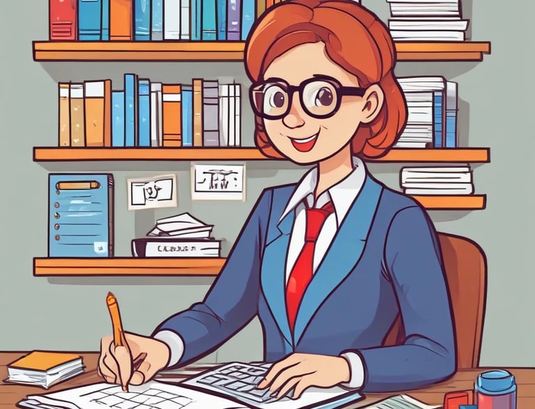 a woman in a suit and glasses is sitting at a desk