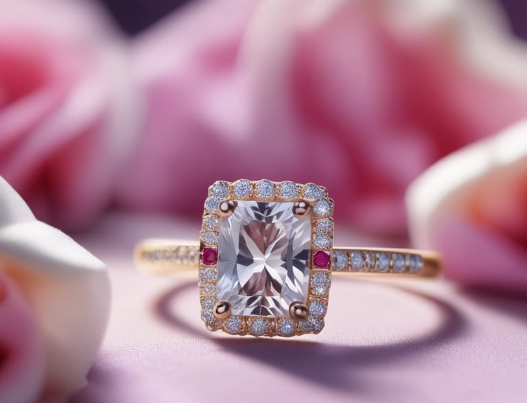 A dazzling diamond ring sits on top of a hexagonal patterned surface. The ring is elegantly crafted with a large, central diamond surrounded by smaller stones. The lighting creates a striking contrast with cool blue and warm red tones highlighting the metallic surface.