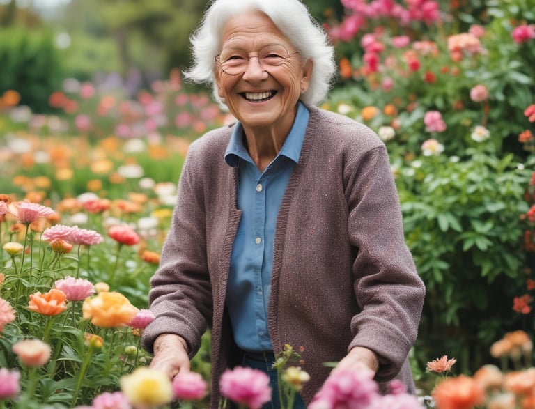 a smiling elderly woman in a garden full of flowers