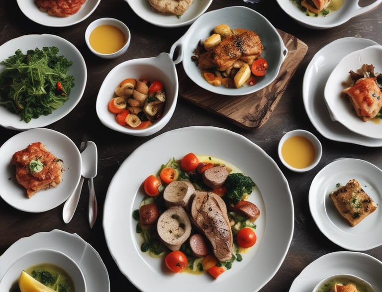 A meal is arranged on a textured placemat with geometric patterns. A vibrant blue bowl contains a fresh salad with leafy greens, diced tomatoes, cucumbers, and avocado. Next to it is a bowl filled with cooked grains, likely quinoa or bulgur, in a white and blue-rimmed bowl. A plate features grilled chicken breast with grill marks, placed beside a fork. A decorative glass holds an orange beverage, possibly juice.