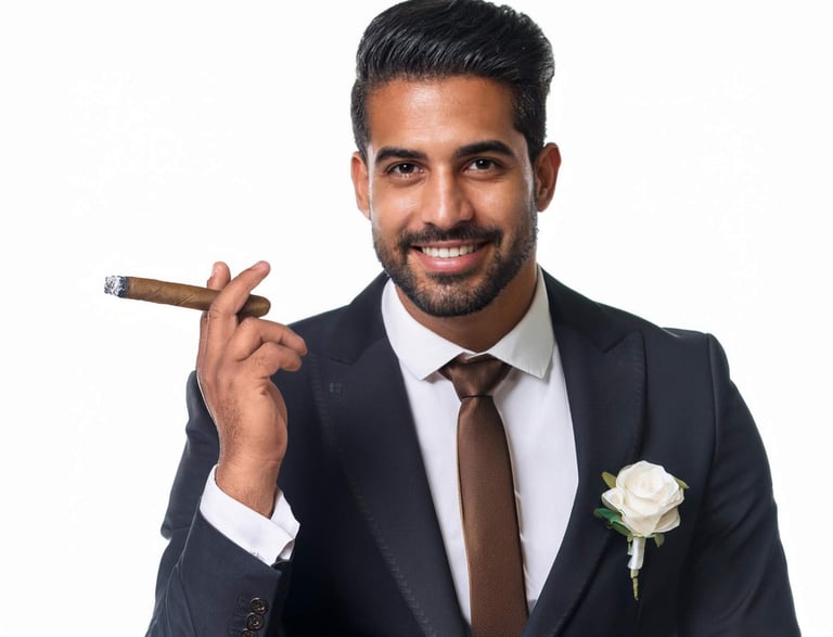 Image of a young man wearing a suit and tie and holding a cigar.