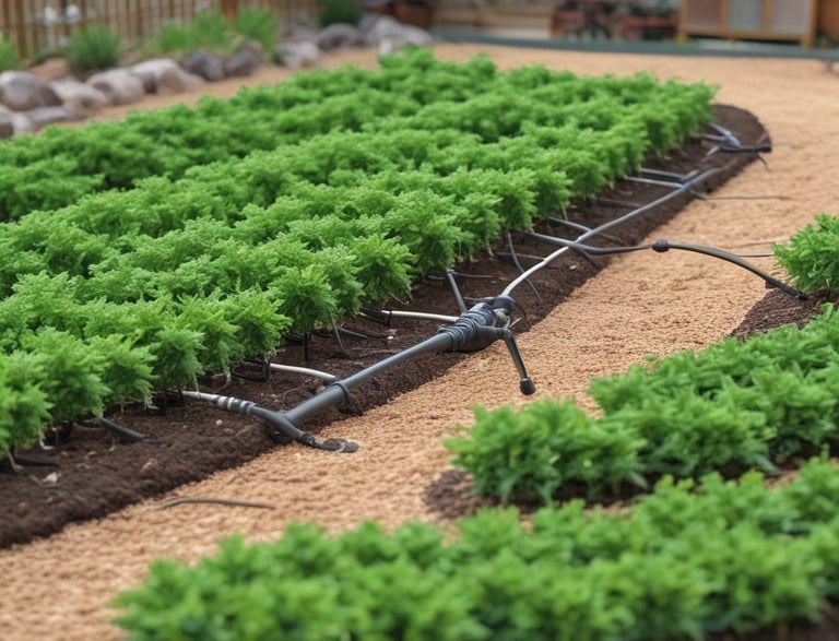 A modern garden irrigation system with sleek pipes and lush greenery.