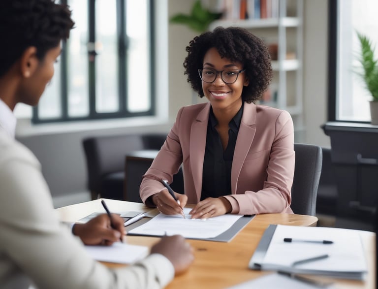 a woman in a pink suit sitting at a table with a man in a suit