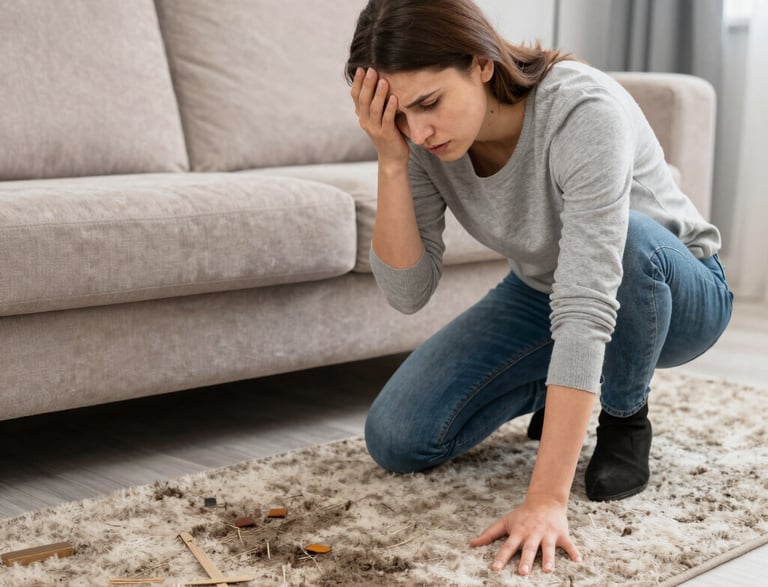 A friendly technician from Purevita Care smiling while holding cleaning equipment in a bright, cozy living room.
