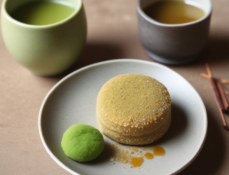A serene workspace with light green and khaki accents, featuring a cup of tea and kinako powder on a wooden table.