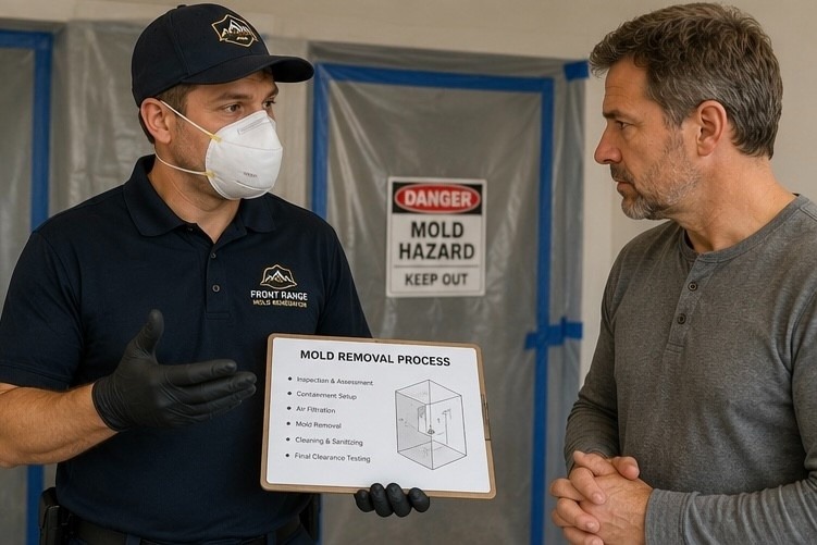 Front Range Mold Remediation technician explaining black mold removal process and containment procedures to Colorado Springs