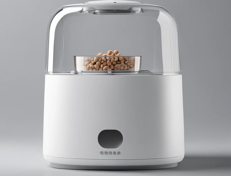 A sleek, minimalist workspace with a laptop and a small smart pet feeder glowing softly.