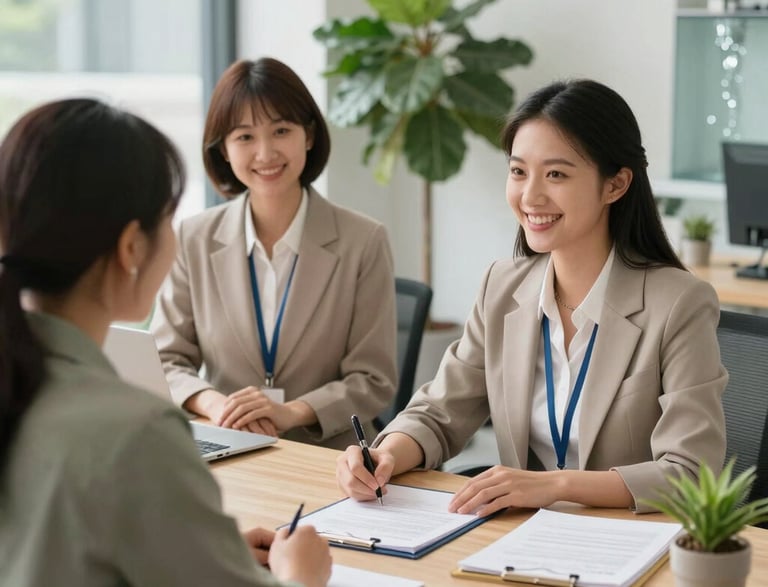 A friendly consultant assisting a migrant worker with paperwork in a bright office.