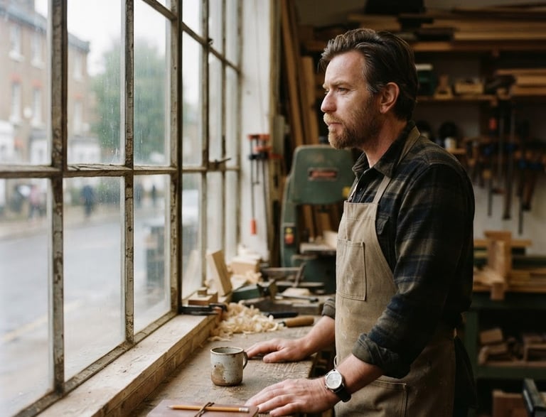 An environmental portrait of a local business owner looking thoughtfully out of a large workshop window, soft natural daylight, muted earth tones, 35mm film.