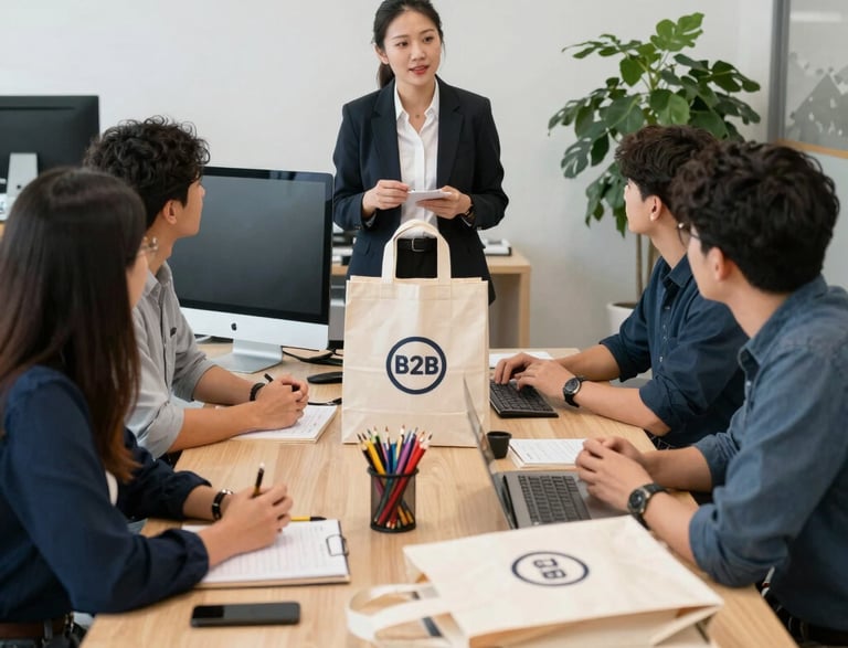 A professional businesswoman sending a message on her smartphone with textile samples on the desk