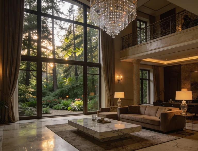 a living room with a large window and a chandelier