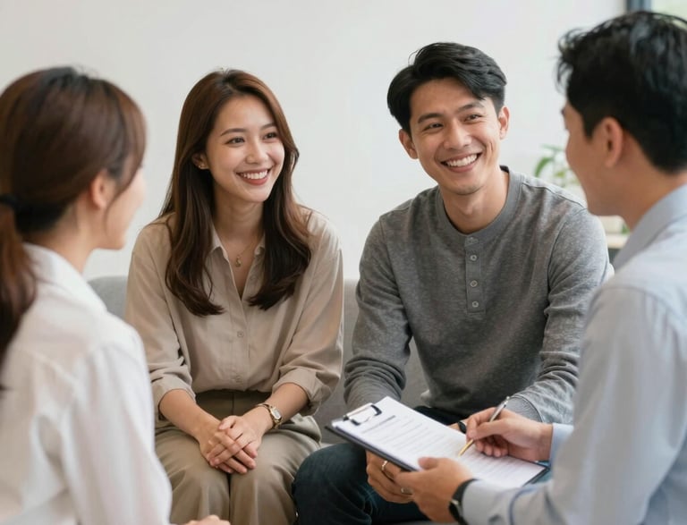 A friendly consultant discussing insurance options with a client in a bright office.