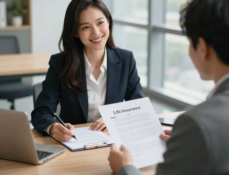 A friendly consultant discussing insurance options with a client in a cozy office.