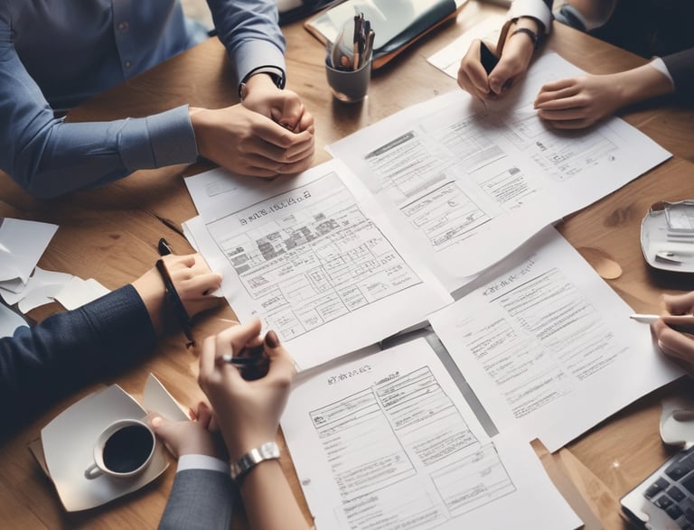 A friendly event manager speaking on the phone with a laptop and event plans in the background.