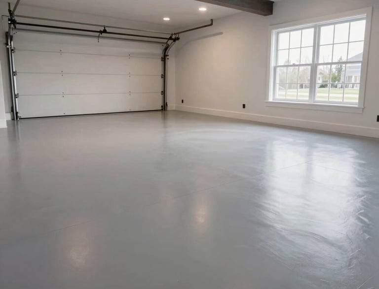 A sleek epoxy-coated garage floor reflecting soft overhead lighting in a modern Ontario home.