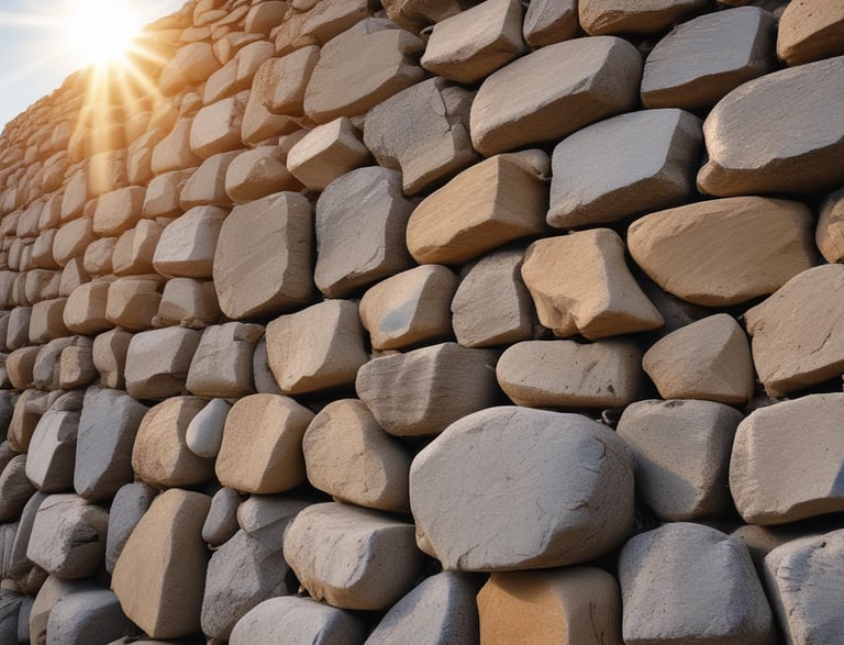 Close-up of skilled mason laying natural stone on a sunny day.