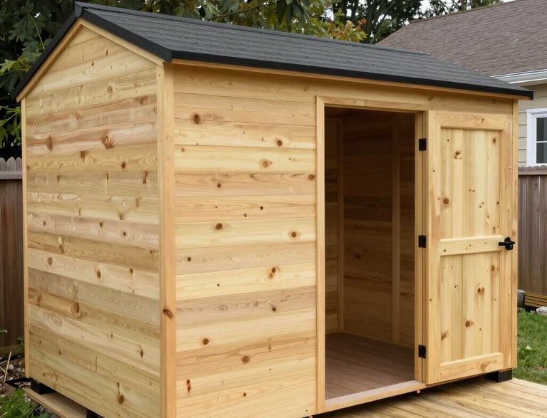 Cozy wooden garden shed surrounded by blooming flowers on a sunny day.
