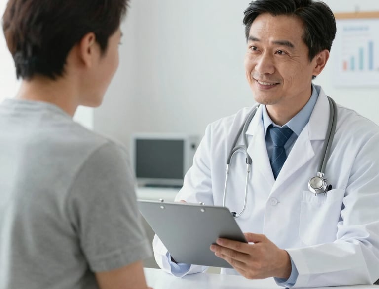 Friendly healthcare professional assisting a medical office team with paperwork in a modern clinic.