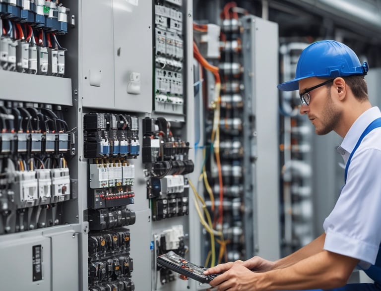 Two workers wearing protective clothing are standing in front of an electrical panel. They are dressed in heavy-duty jackets with hoods, one in orange and the other in dark blue. The surroundings suggest an industrial or outdoor setting, with a backpack lying on the ground nearby.