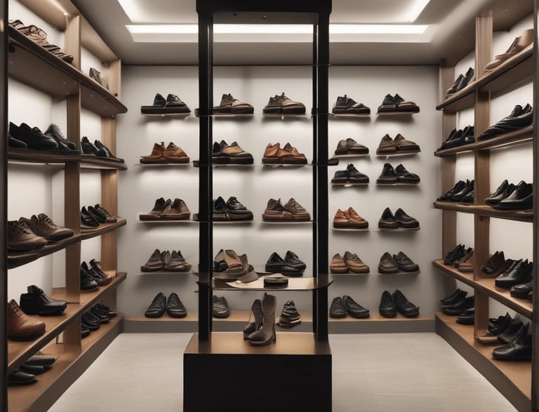 A well-organized display of branded merchandise with a minimalist aesthetic. The items include bottles, cups, a sneaker, bags, and other accessories, all featuring a distinctive percentage symbol on a white or neutral background. The display is set against a white brick wall, giving an industrial feel.