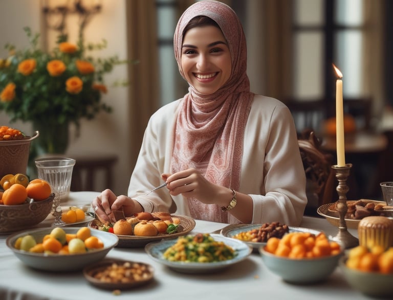 A person wearing a hijab and cap is eating a snack, standing in front of a store with a sign advertising a 40% discount on shoes. Another person is in the background, walking by and holding a phone.