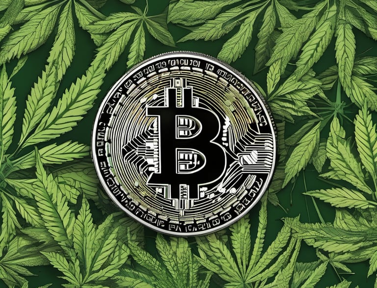 a bitcoin sitting amongst cannabis leaves