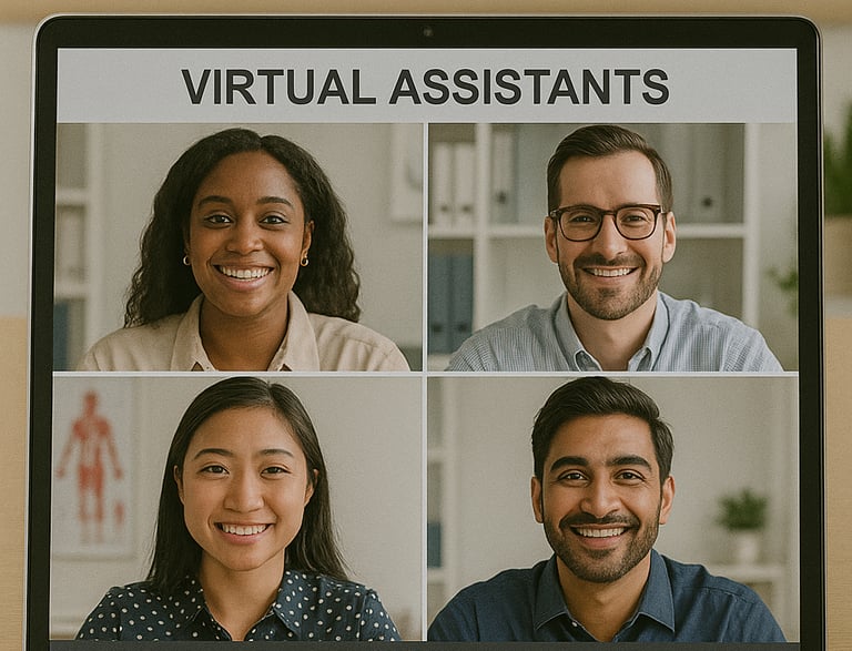 Diverse team of virtual assistants on video call collaborating for healthcare clients.