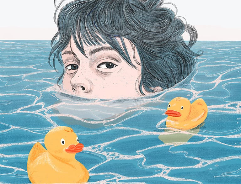 illustration of a woman with half her face submerged in the water of a tub and yellow ducks in it