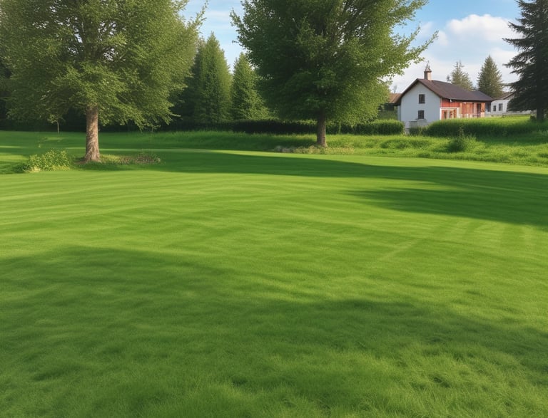 A large tree with sprawling branches stands prominently in a garden setting. Various shades of green cover the lush surroundings, with some colorful bins visible near the trunk of the tree. A concrete path winds through the area, bordered by grass and additional foliage, creating a serene and natural environment.